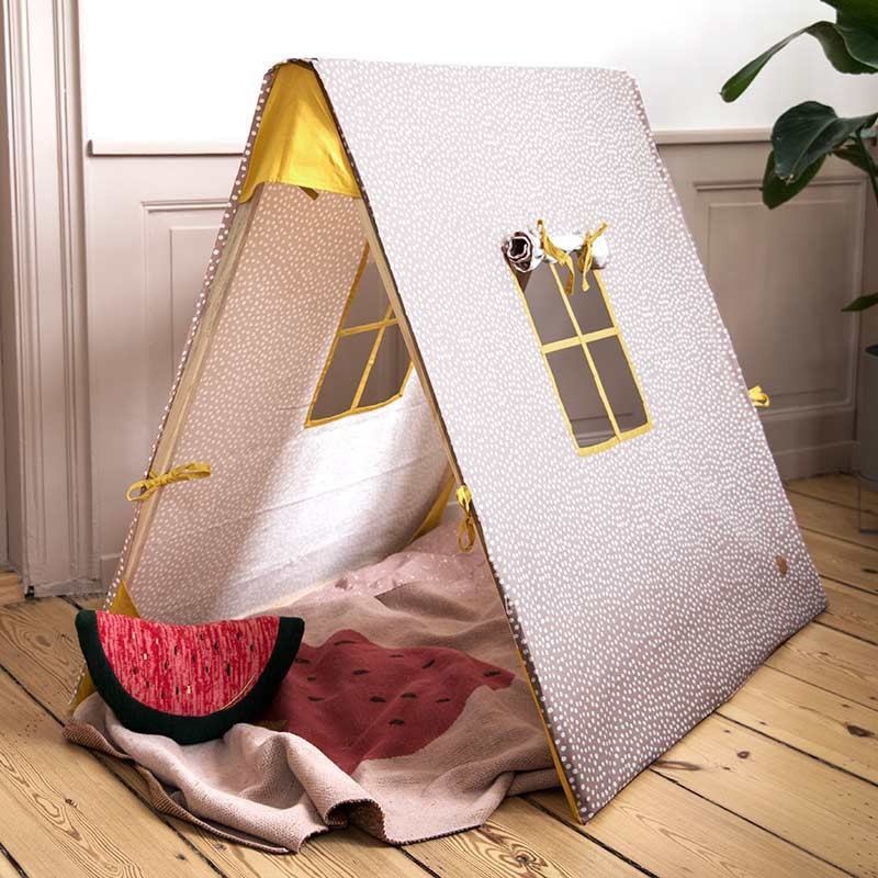 Tienda plegable 100% algodón orgánico y madera. Estampado rosa con detalles mostaza